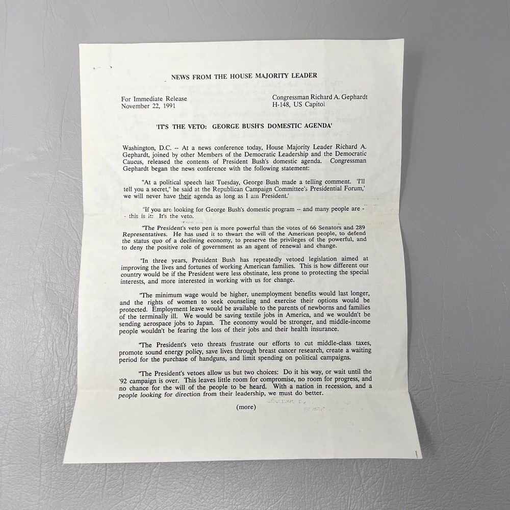 Vintage News From the House Majority Leader November 1991 Its the Veto Gephardt